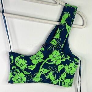 Zara One Shoulder Blue and Green Floral Patterned Crop Top Size M